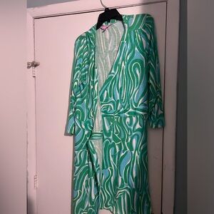 Lilly Pulitzer three-quarter sleeve wrap dress made of rayon and spandex